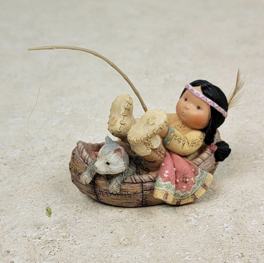 Friends of The Feather Little Fish Tale - Native Boy Fishing with Canoe Figurine